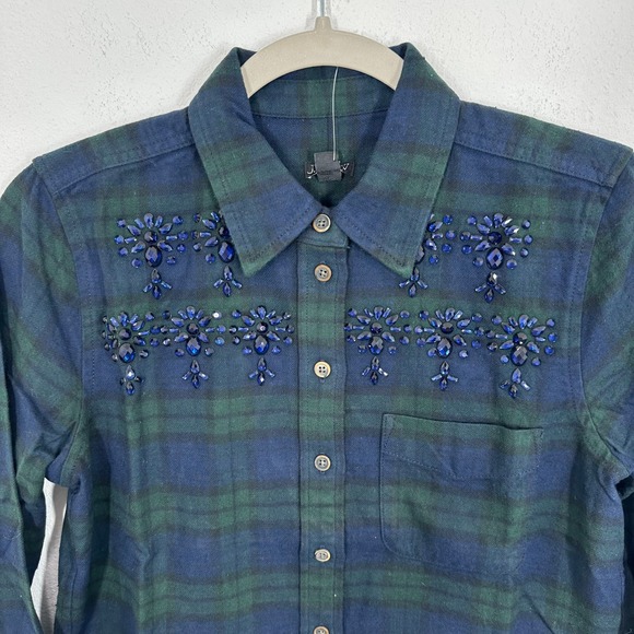 J.Crew Embellished Plaid Flannel Shirt Blue Green Size 4‎ Button Down Top NWT - Picture 3 of 9